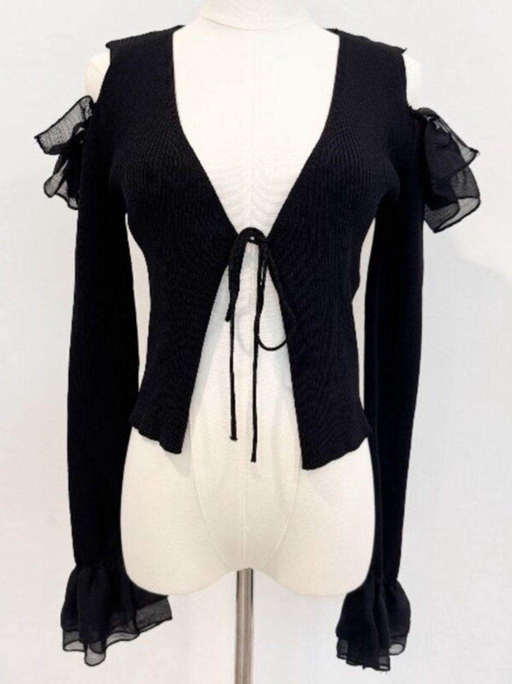 Zara Ribbed Cardigan Size Small Black Tie Front Ruffle Cutout Downtown Coquette